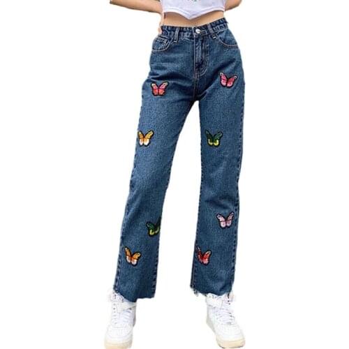 Women Colorful Butterfly Embroidery Jeans Fashion Loose High Waist Straight for Teen Girls Vintage Dark Blue Wide Leg Pants