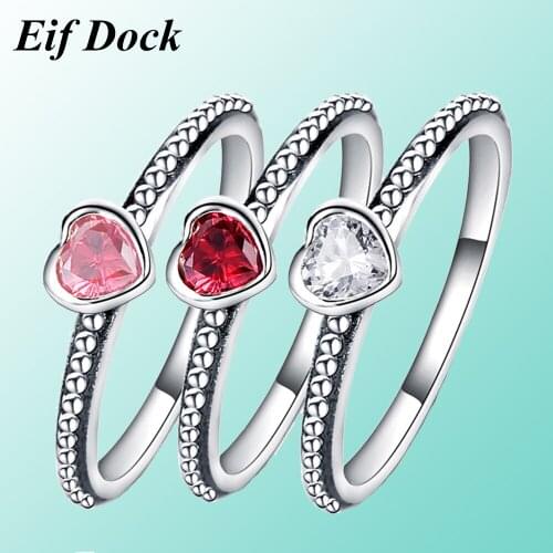 Eif Dock Silver Color Dazzling CZ Ring Pink Red White Heart Love Rings For Women Engagement Wedding Valentines day Gift