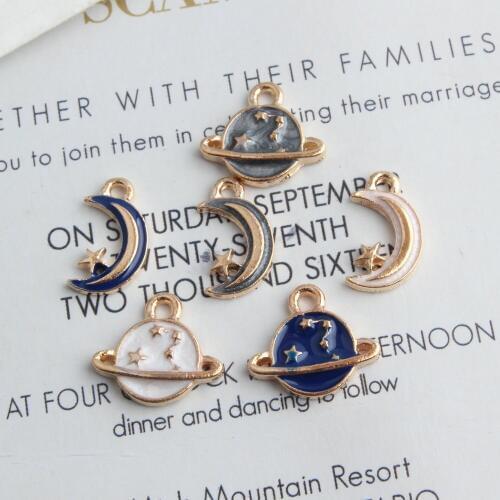 KC Gold White Blue Grey Moon Planet Charms Korean Earrings Pendant DIY Accessories For Handmade Jewelry Necklace 100pcs