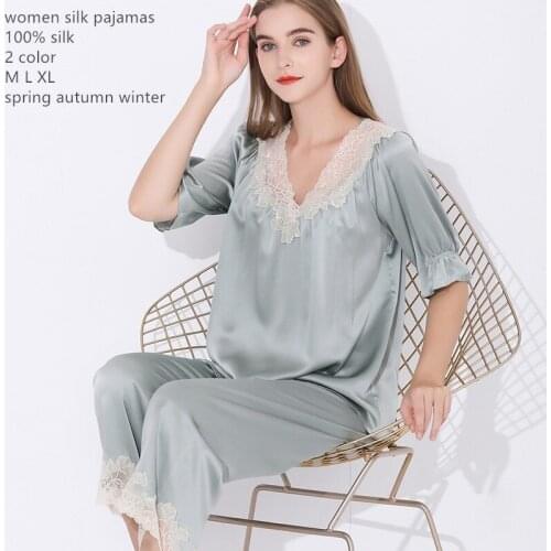 Naizaiga 100% silk blue gray pink lace women half sleeve loose pajamas family sex suit SKFS34