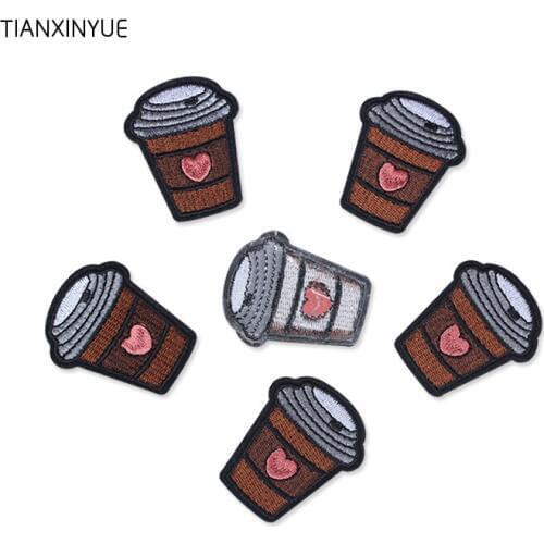 TIANXINYUE Coffee Color Coffee cup patch Embroidered Iron On Badges Patches For Clothing Motif Applique Sticker For fabric