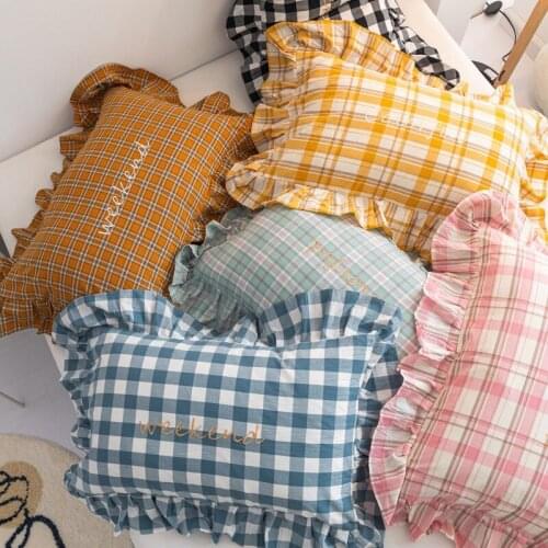 Embroidered plaid pillowcase, 100% cotton, 48x741cm princess style pillowcase, decorated with Korean lotus flowers