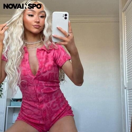 NOVAINSPO Solid Letter Printing Short Sleeve Bottons Rompers For Women 2021 Summer Fitness Sportwear Outfits 1 Piece Casual Slim
