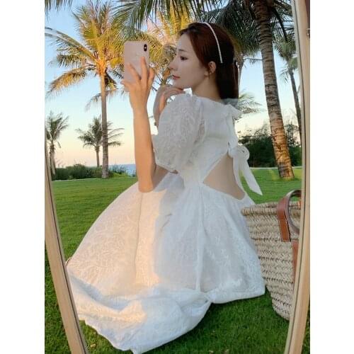 French Platycodon Grandiflorum Dress Goddess Fan High Waist Backless Care Machine Bubble Sleeve Skirt Holiday Fairy Forest
