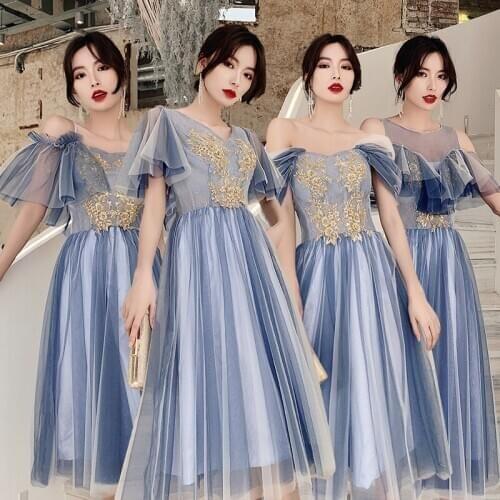Bridesmaids Dresses Illusion O-Neck Short Embroidery Sequined Ankle-Length Tulle Off The Shoulder Women Wedding Party Gown E299