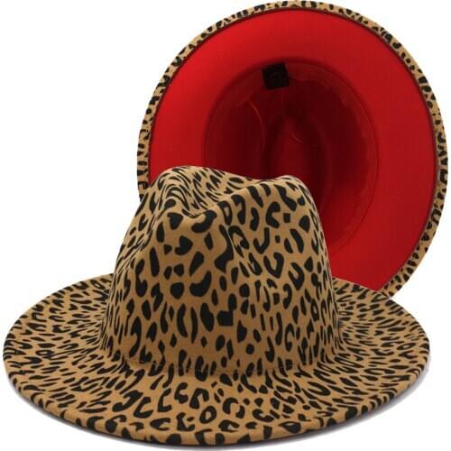Simple Classics Women Men Ouer Green Red Inner Red Leopard Printing Wool Felt Two Tone Vintage Jazz Fedora Hat British Style Cap