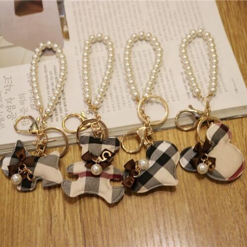Hand-made plaid bear key love Simulation Pearl bag jewelry keychain women bag charm llaveros pompom