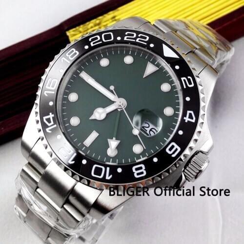 Sapphire BLIGER 43MM Green Sterile Dial Mens Watch Big Face Date Window GMT Function Luminous Marks Automatic Movement Watch