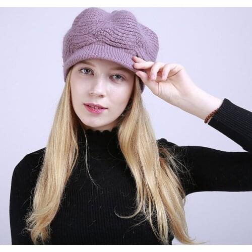 Rabbit Fur Knitted Womens Cap Winter Warm Wool Hat Comfortable Classical Peaked Caps Woman Fashion Trendy Hats