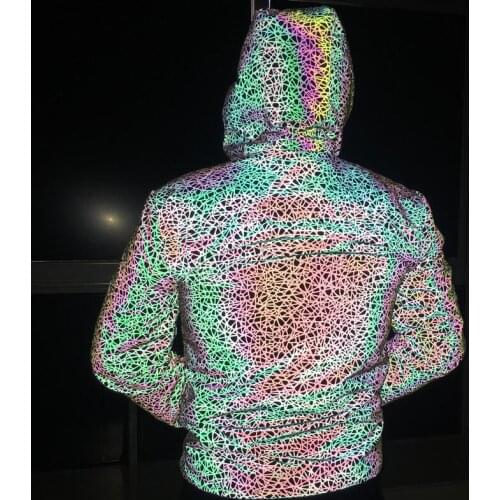 Autumn winter men personality colorful stripe reflective jacket hip hop coat women harajuku shiny reflect light chaqueta hombre
