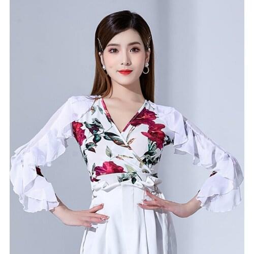 Long Sleeve Latin Dance Printing Leotard Prom Tango ChaCha Dancing Performance Stage Costume Ballroom Competition Wear YS2080