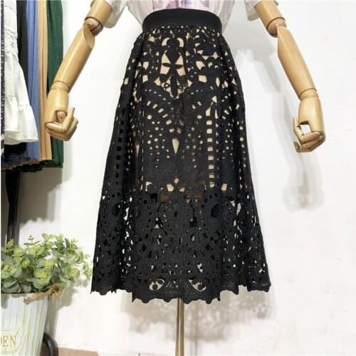 Spring High-Waist Lace Skirt Female Autumn Korean Style Hollow Crochet A-Line Skirt Over The Knee Small Umbrella Skirt