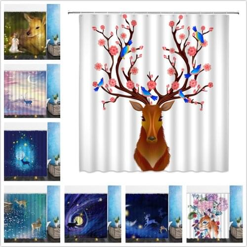 Cartoons Animal Shower Curtains Dream Landscape Forest Elk Flowers 3D Bathroom Home Decor Waterproof Polyester Cloth Curtain