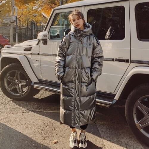 Womens Coat Winter Long White Duck Shiny Face Down Korean Loose Hooded Waterproof Padded Windproof Warm Cotton Jacket Female 6M