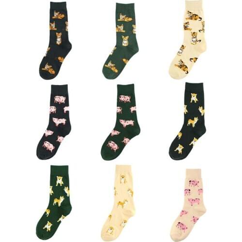 Women Funny Animal Crew Socks Shiba Inu Dog Cat Pig Print Happy Cartoon Hosiery new