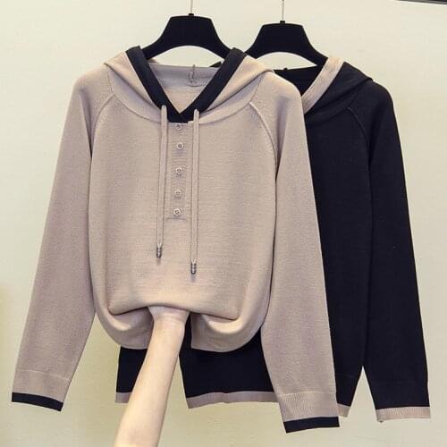 Women Winter Clothes 2021 Hooded Sweater Jumpers Knit Pull Femme Oversized Button Grey Chic Girls Hooded Big Sweater Tops