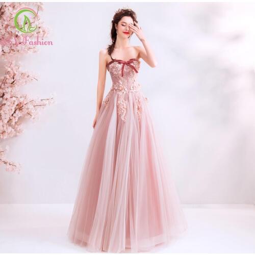 SSYFashion 2019 New Banquet Sweet Pink Lace Folwer Evening Dress Strapless Sleeveless Long Prom Formal Gowns Robe De Soiree