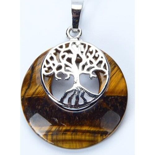 New Natural Stone Necklaces Pendants Amethysts Lapis Lazuli Hollow Hole Round Pendant with Metal Tree Charm Girl Women Jewelry