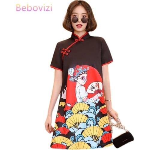 M-XXL Beijing Peking Opera Print Fashion Modern Trend Cheongsam Dress for Women Short Sleeve Qipao Traditional Chinese Clothes