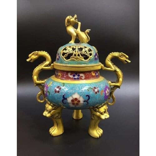 10'' bronze copper gold cloisonne enamel flower dragon lion incense burner