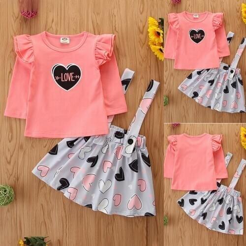 2021 Baby Summer Clothing Infant Kid Clothes Heart fly sleeve Top Shirt suspenders Skirt Toddler Girl strap skirt Outfit D30