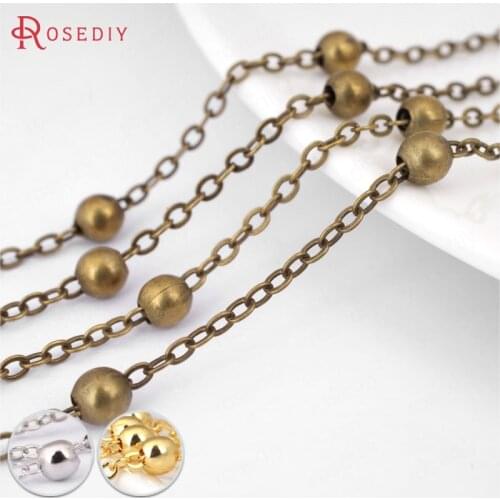 21064)5 meters width 2MM with 4MM Bead Copper Flat Oval Link Necklace Chains Station Ball Chains Accessories