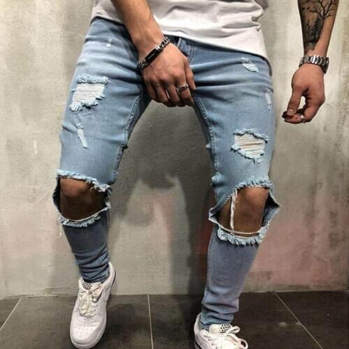 2020 New Arrival Top Fashion Enzyme Wash Holes Cross Slim Solid Pencil Pants Jeans Men Biker Stonewashed Zipper Fly Pockets