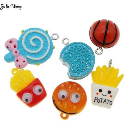 Julie Wang 6pcs Imitation Pendant French Fries Hot dog Flatback Necklace Keychain Hanging Charms Phone Case Decor Accessory