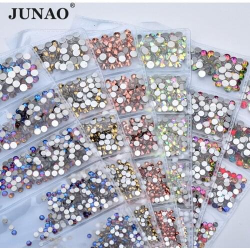 JUNAO SS6 8 10 12 16 20 Mix Size Glass Nail Rhinestones Set Glitter AB Colors Flat Back Crystal Strass Nail Art Decorations