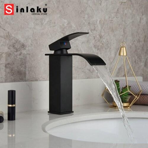 Matte Black Bathroom Basin Faucet Brass Wash Basin Sink Mixer Tap Waterfall Spout Deck Mounted Hot & Cold Water Mixer Faucet