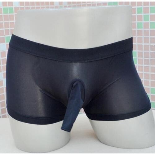 Ice Silk Underwear With Penis Open Sheath Mens Sexy Boxer Briefs Transparent Underpants Shorts Soft Low-Waisted Elephant Trunk