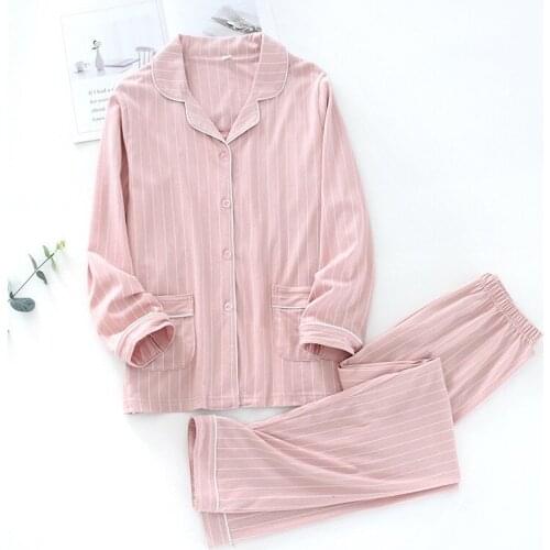 Couple Striped Printed Cotton Pajamas Two-piece Set Autumn and Winter Long-sleeved Suit Mens Loose Casual Plus Size Home Wear