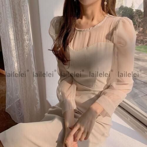 Through Puff Long Sleeve Patchwork Dress Midi Sexy 2021 Spring Summer Women Elegant Jurken Off White Vestido Fiesta South Korea