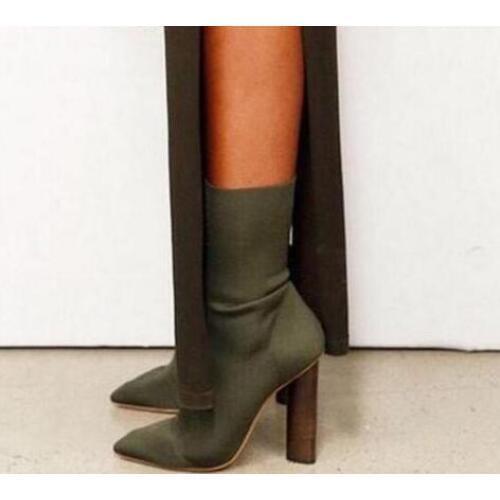 Spring Hot Army Green Knit Ankle Boots Sexy Pointy Toe Ladie Slip On Boots Chunky High Heel Women Knight Ankle Boots