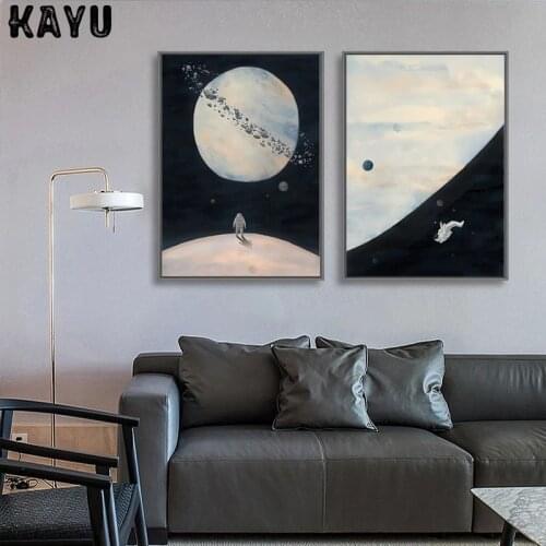 Space Poster Moon Universe Planet Astronaut Canvas Painting Nordic Black White Wall Art Pictures Modern Living Room Home Decor