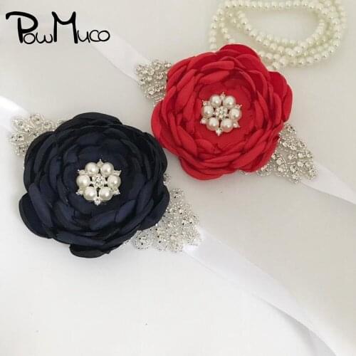 Powmuco Shining Pearls Rhinestone Roast Floral Women Girls Sashes Sweet Bridesmaids Dress Waistband Outdoor Photography Props