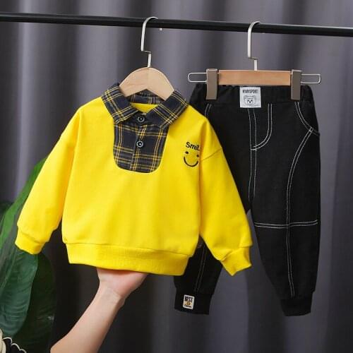Autumn Children Baby Boys Clothes Infant Gentleman Plaid yellow Shirt + jean Pants 2Pcs/sets Toddler Clothing Kids Suits