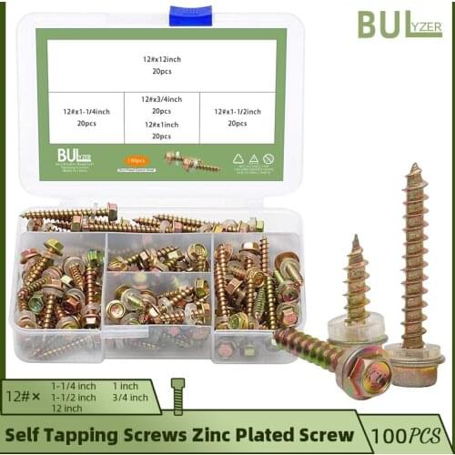 BULYZER 100Pcs Washer Head Hex Hexagon Self Drilling Tapping Screw Stainless Steel Zinc Plated Fasteners Hardiflex Screws