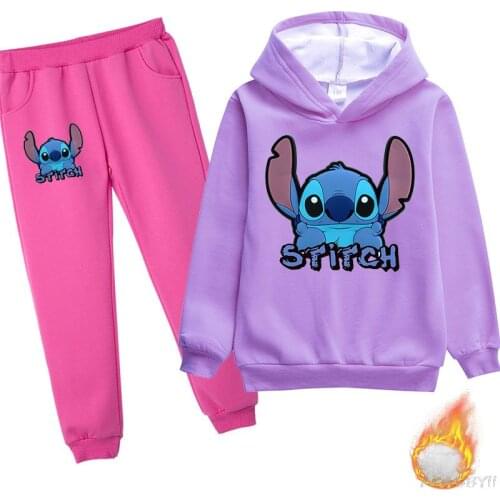 Disney Stitch Anime hoodie Childrens Sweatshirt Set winter girls plus Fleecy top Hoodie + Pants children boys' sweatwear suit