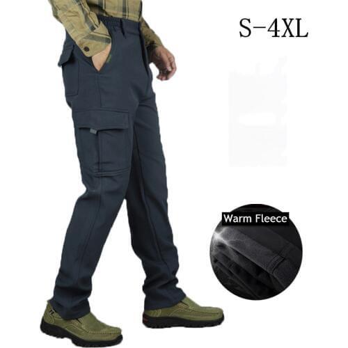Outdoor Hiking Pants Mens Multi-pockets Soft Shell Plus Velvet Warm Trousers Autumn Winter Climbing Fishing Fleece Cargo Pants