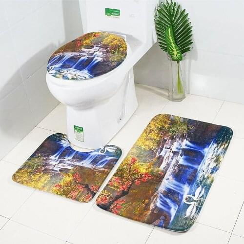 Zeegle Waterfall Printed 3pcs Toilet Mats Bathroom Carpets Set Anti-slip Bath Mat Bathroom Floor Rugs Bath Rugs Shower Mats