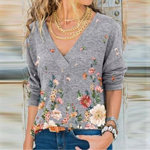 Women Blouse Autumn V Neck Floral Print Winter Mode Long Sleeve Stylish Pullover Loose Top Casual Comfortable Top Plus Size