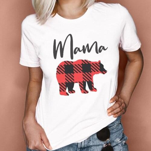 Women Graphic Plaid Bear Animal Cute Mama Mom Mother Printing Fashion Lady Clothes Tops Tees Print Female Tshirt T-Shirt