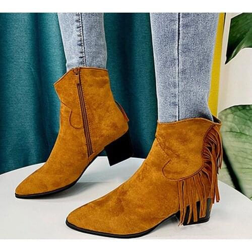 Womens Ankle Boots Flock Pointed Toe Fringe Solid Zip Plus Size Female Short Boot Vintage Mature Ladies Casual Footwear Fashion