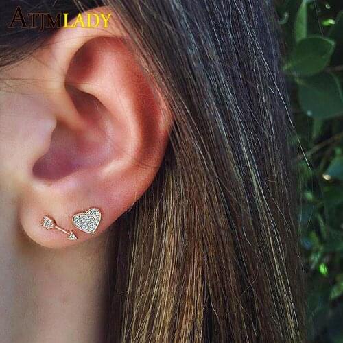 2pcs/set Gold Color Crystal Small Stud Earrings 100% 925 sterling silver for Women Romantic Arrow Heart Earrings Cute Jewelry