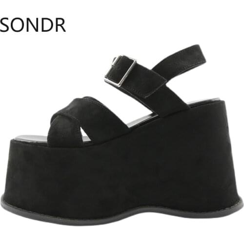 Women Lolita Belt Round Toe Gothic Punk Sandals Shoes Platform Wedge High 12CM Heel Creepers Japanese Harajuku Dark JK Retro New