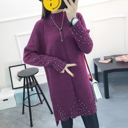 Women Knitted Sweater Long Tops Pullovers Long Sleeve Beading Mock Neck Loose Sueters De Mujer 2021 Korean Pull Jumper Winter