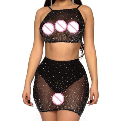 Women Hollow Out Mesh 2 Pieces Set Shiny Rhinestone Halter Crop Top Sexy Sheer Mini Skirt Summer Beach Cover Up Clubwear
