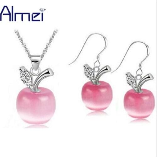 Almei 49% off Green Pink Silver Color Earrings Women White Crystal Jewelry Sets Red Necklace Blue Stone Set Female Gifts YL007