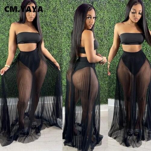 CM.YAYA Women Mesh See Though Two Piece Set Sexy Beach Strapless Tops and Pleated Maxi Skirts Matching Set Summer Outfits